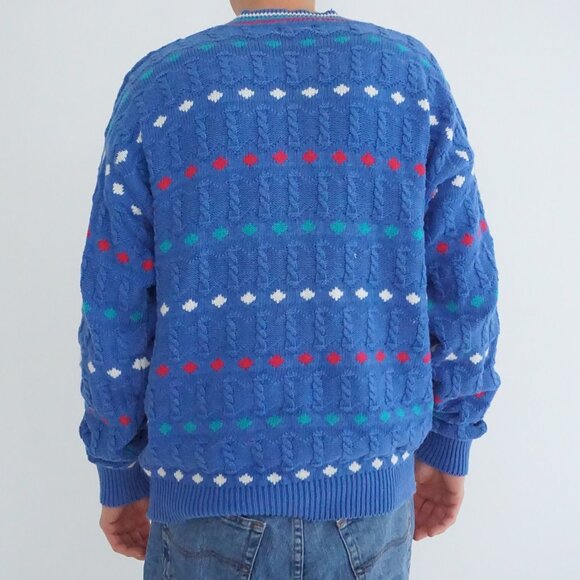Vintage Izod Blue Cotton Patterned V Neck Sweater Eclectic Grandpa Preppycore XL - Picture 2 of 10